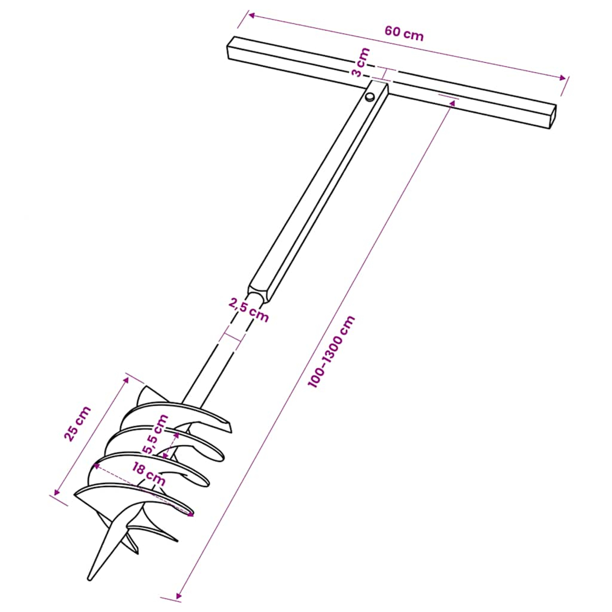 Bohrer mit T-Griff, 60cm breit, 100-130cm lang, 2,5cm Schaftdurchmesser.