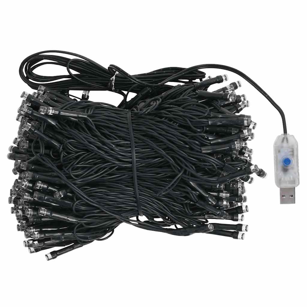 Ein Bündel schwarzer Lichterketten mit USB-Anschluss und blauem Knopf.