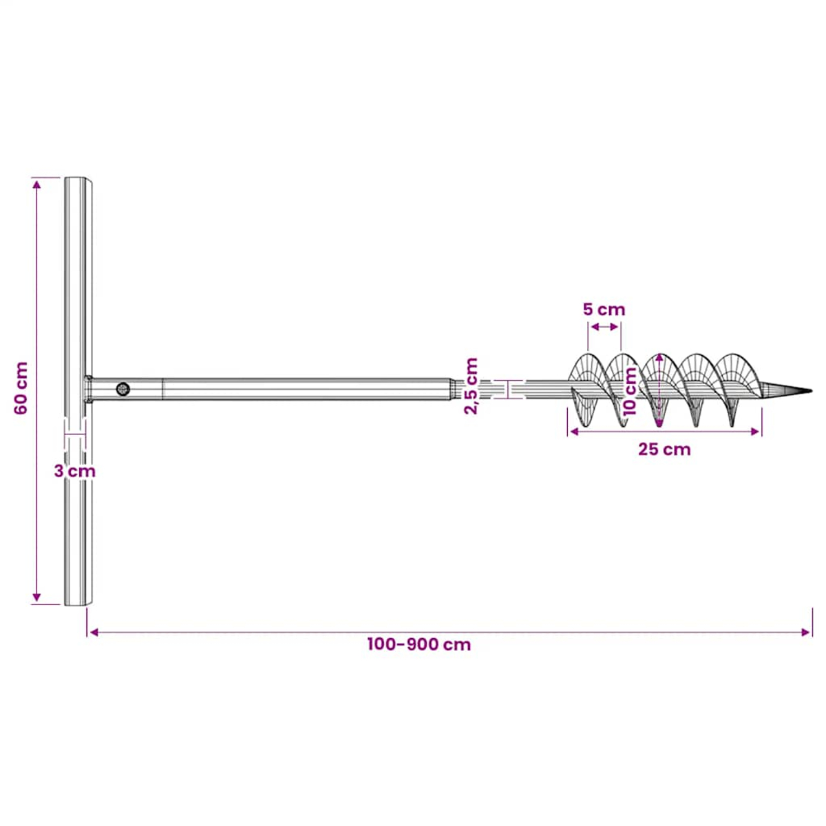 Bohrer mit Griff: 60cm hoch, 3cm breit. Bohrer 2,5cm dick, 25cm lang, 5cm Spirallänge.