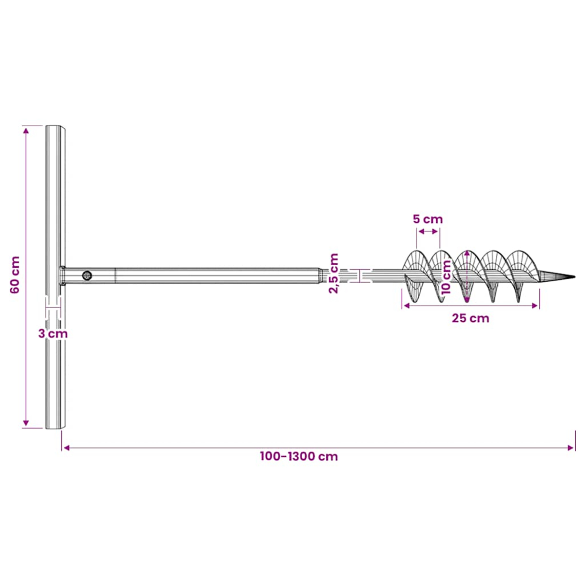 Bodenbohrer mit Griff: 60cm hoch, 3cm breit. Spirale 25cm lang, 10cm Durchmesser.