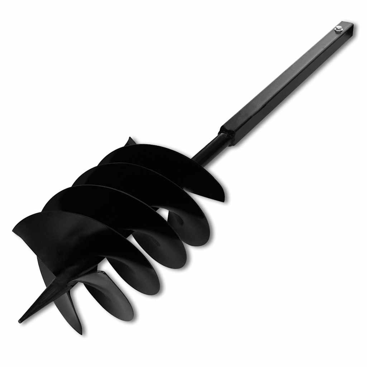 Ein schwarzer Erdbohrer mit scharfen Spiralblättern und einem Griff.