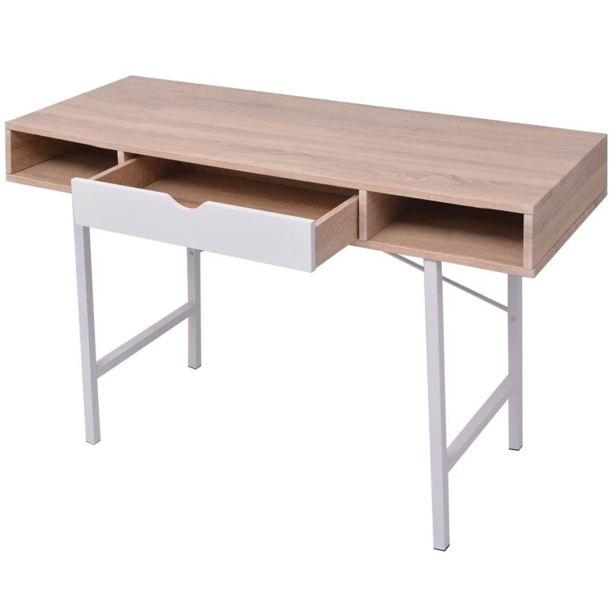 Ein heller Schreibtisch aus Holz mit weißen Schubladen und Beinen. Eine Schublade ist offen.