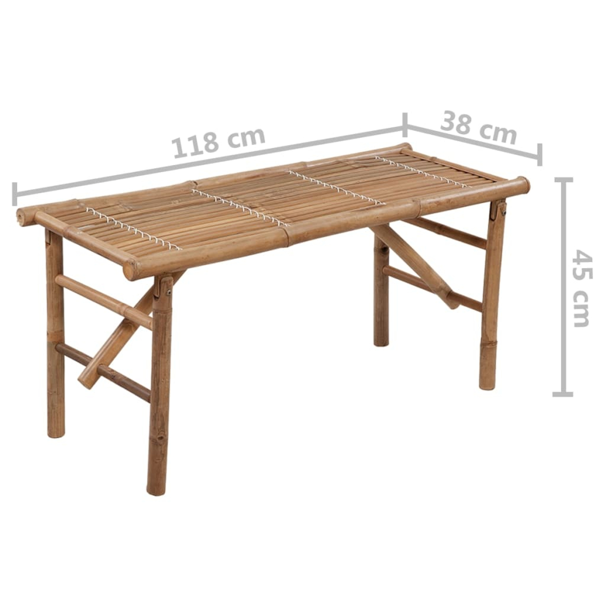 Eine braune Bambusbank wird mit Maßen gezeigt: 118 cm lang, 38 cm breit, 45 cm hoch.