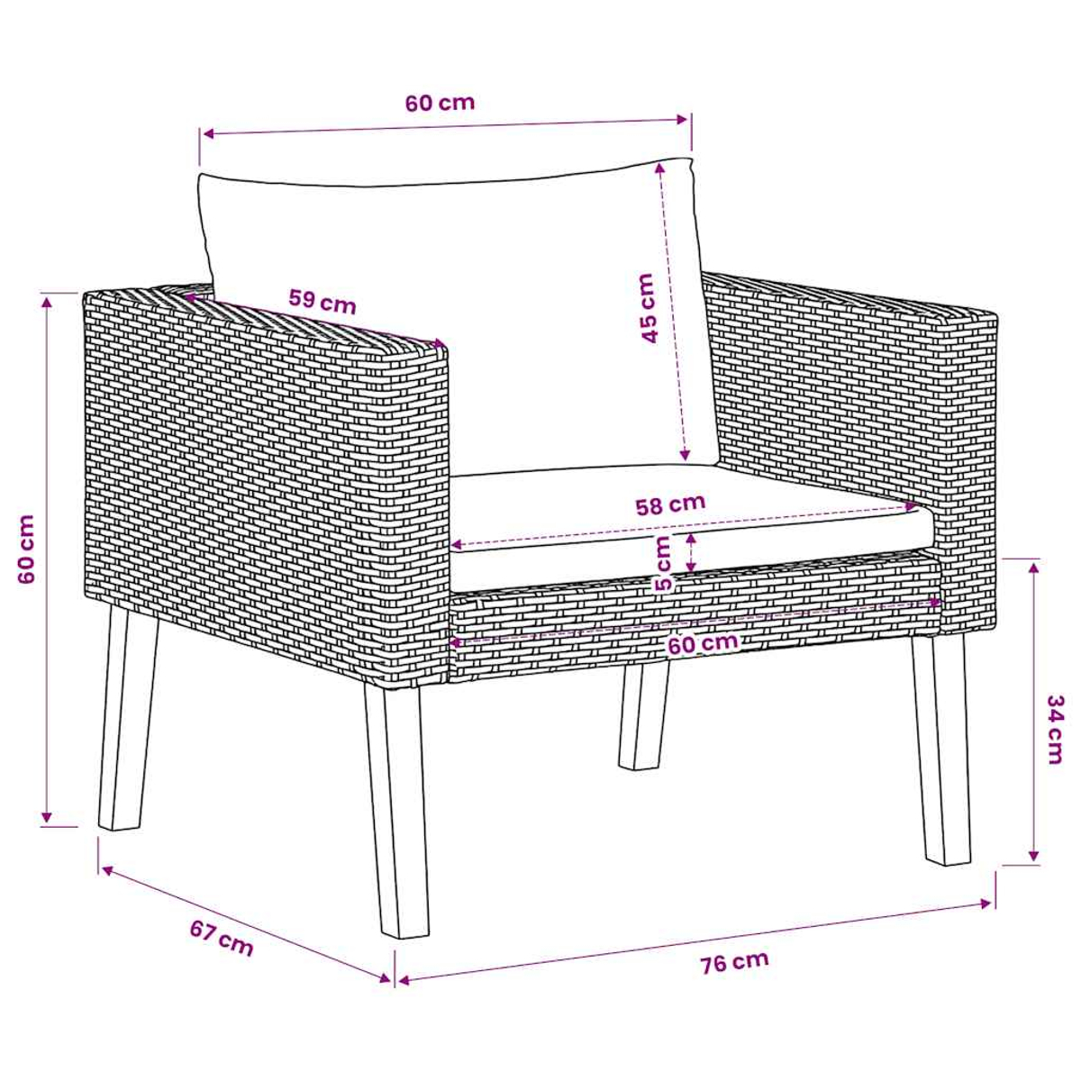 Geflochtener Sessel mit weißen Kissen, Maße in cm. Gesamt 60x67x76cm.