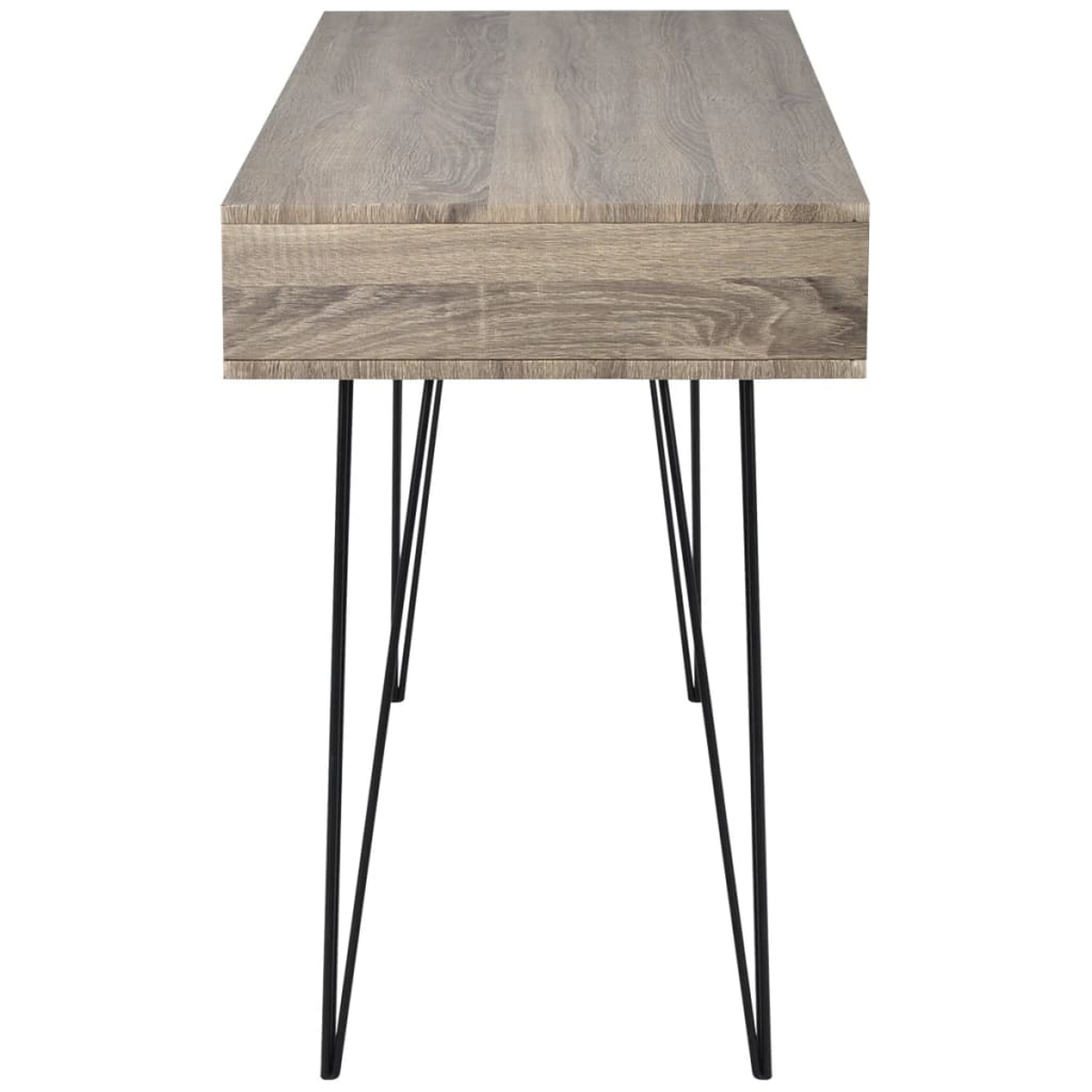 Graues Holz-Schreibtisch mit schwarzem Metallgestell, Seitenansicht.