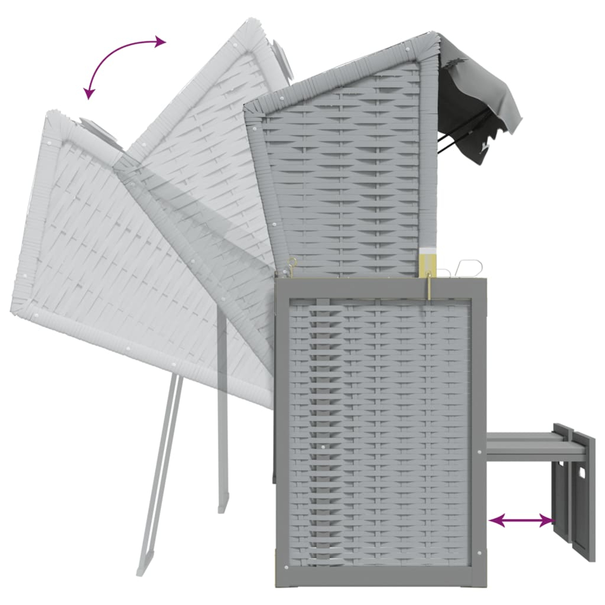 Grauer Rattansitz mit ausklappbarem Dach und Schublade.