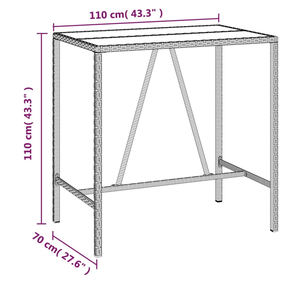 Ein rechteckiger Barhocker aus Rattan mit Maßen 110x70x110 cm.