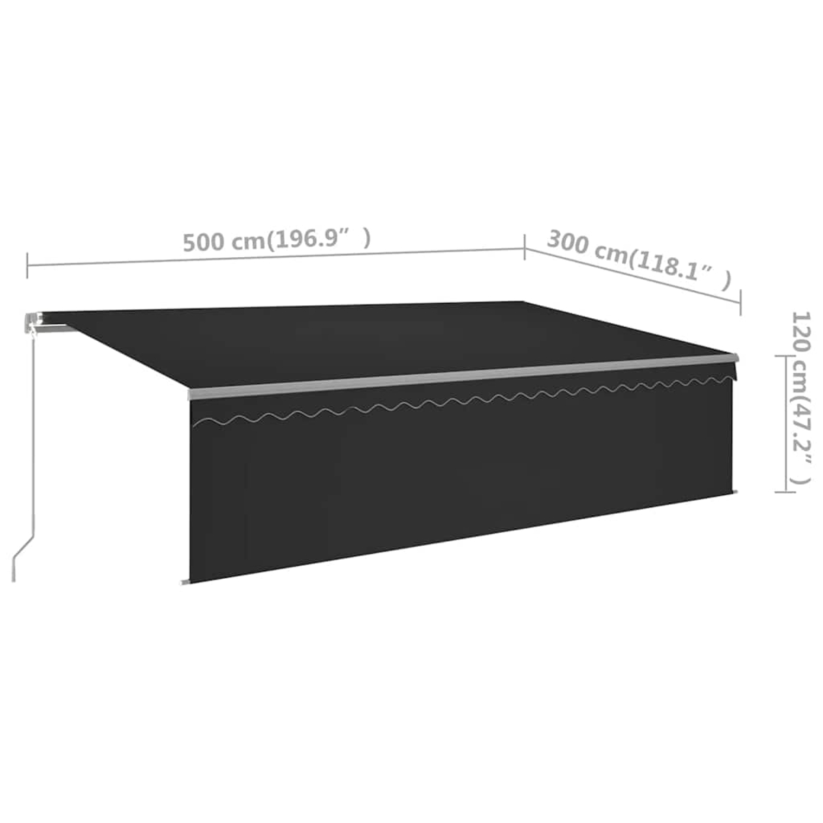 Ein schwarzes Vordach, 500cm breit, 300cm ausladend, 120cm hoch.