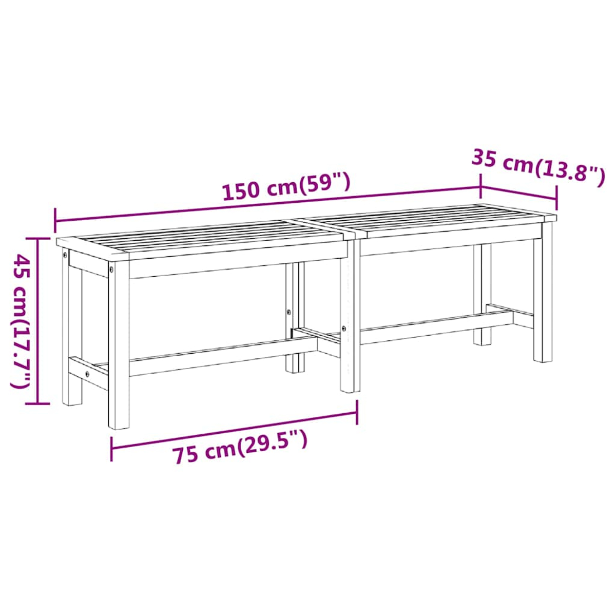 Holzbank Maße: 150cm L x 35cm B x 45cm H. Jeder Teil ist 75cm L.