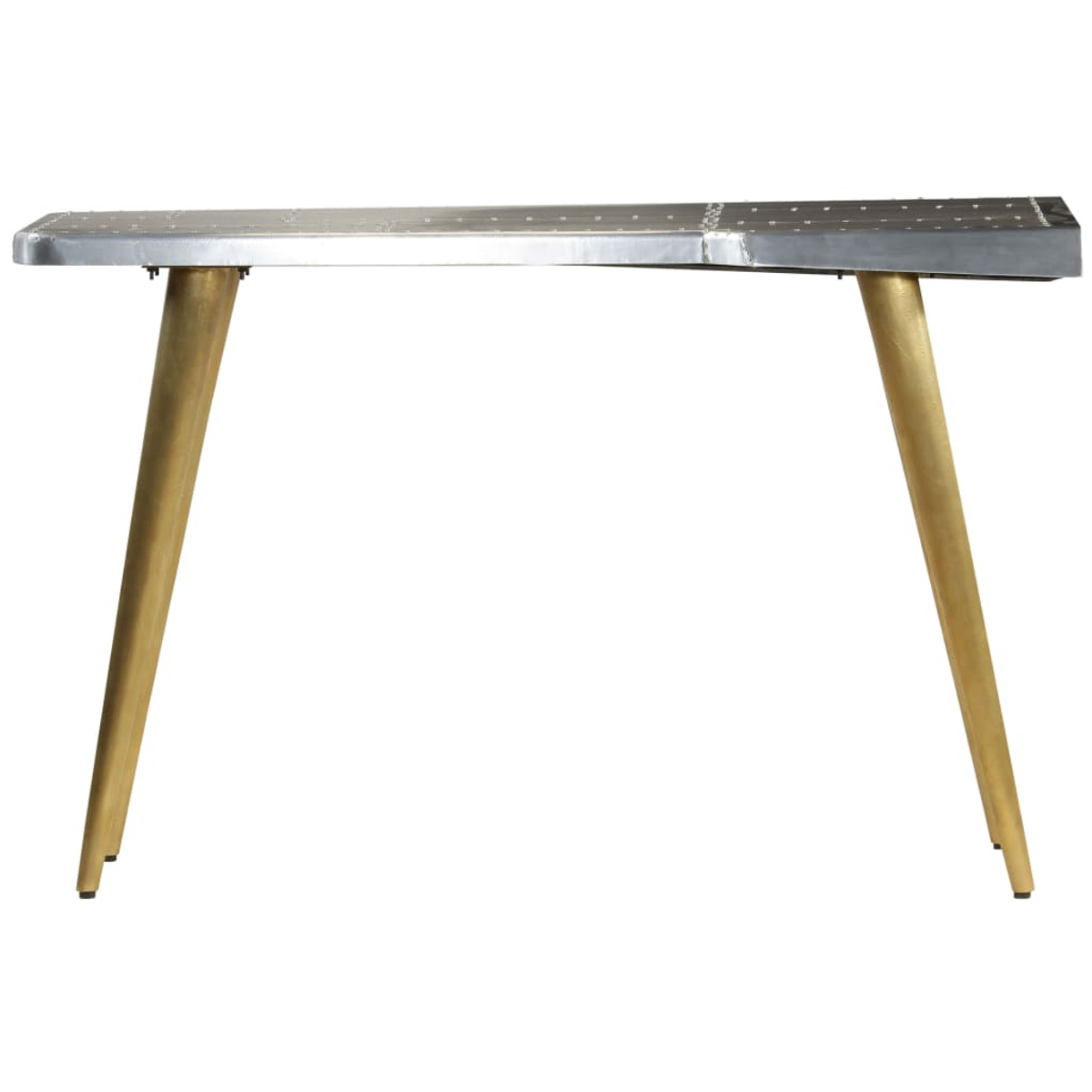 Ein rechteckiger Tisch aus Metall mit drei goldenen Beinen.