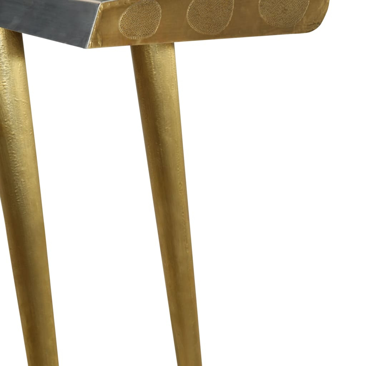Tischbeine aus goldfarbenem Metall mit einer grauen Tischplatte, verziert mit Kreismustern.