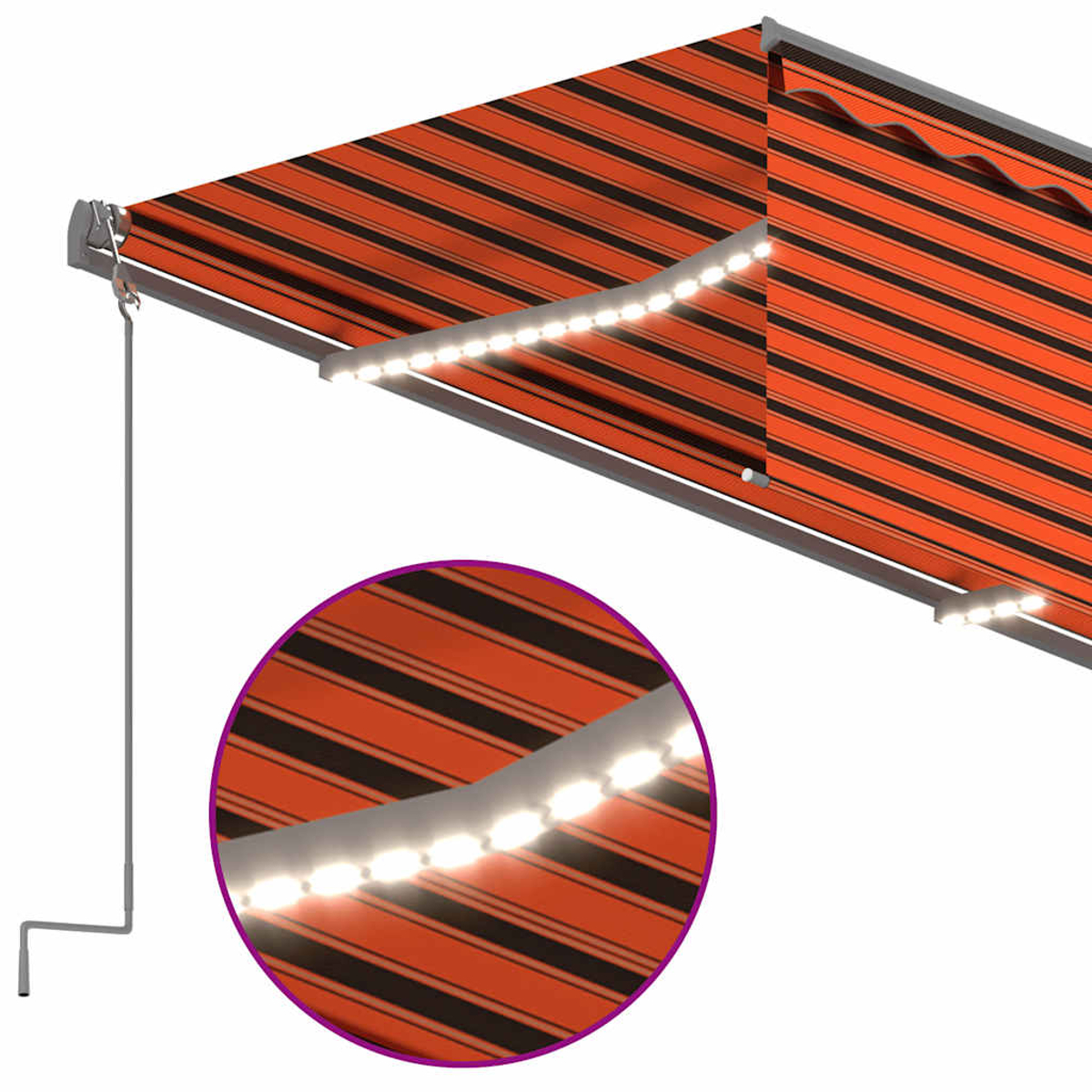 Orange und schwarze gestreifte Markise mit LED-Lichtern und Kurbel.