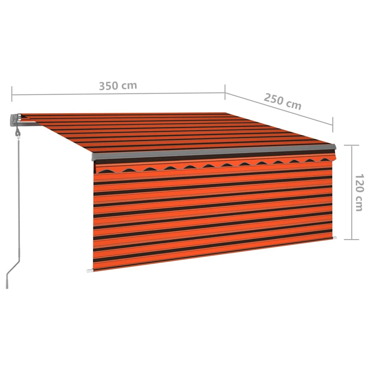 Ausgefahrene Markise mit orangen und schwarzen Streifen, 350x250x120 cm.