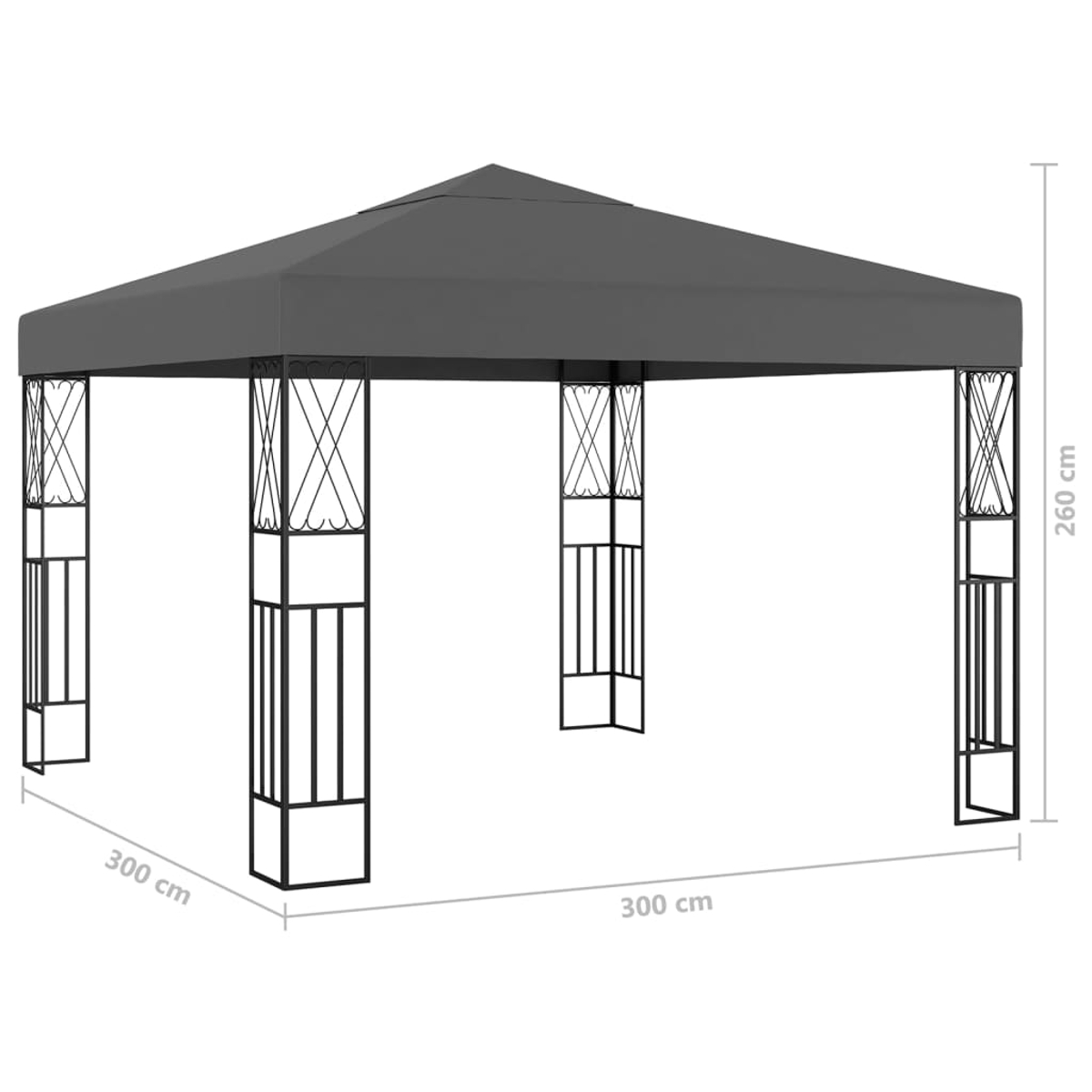 Ein grauer Pavillon mit verzierten schwarzen Metallbeinen und Zierpaneelen. Maße angegeben.