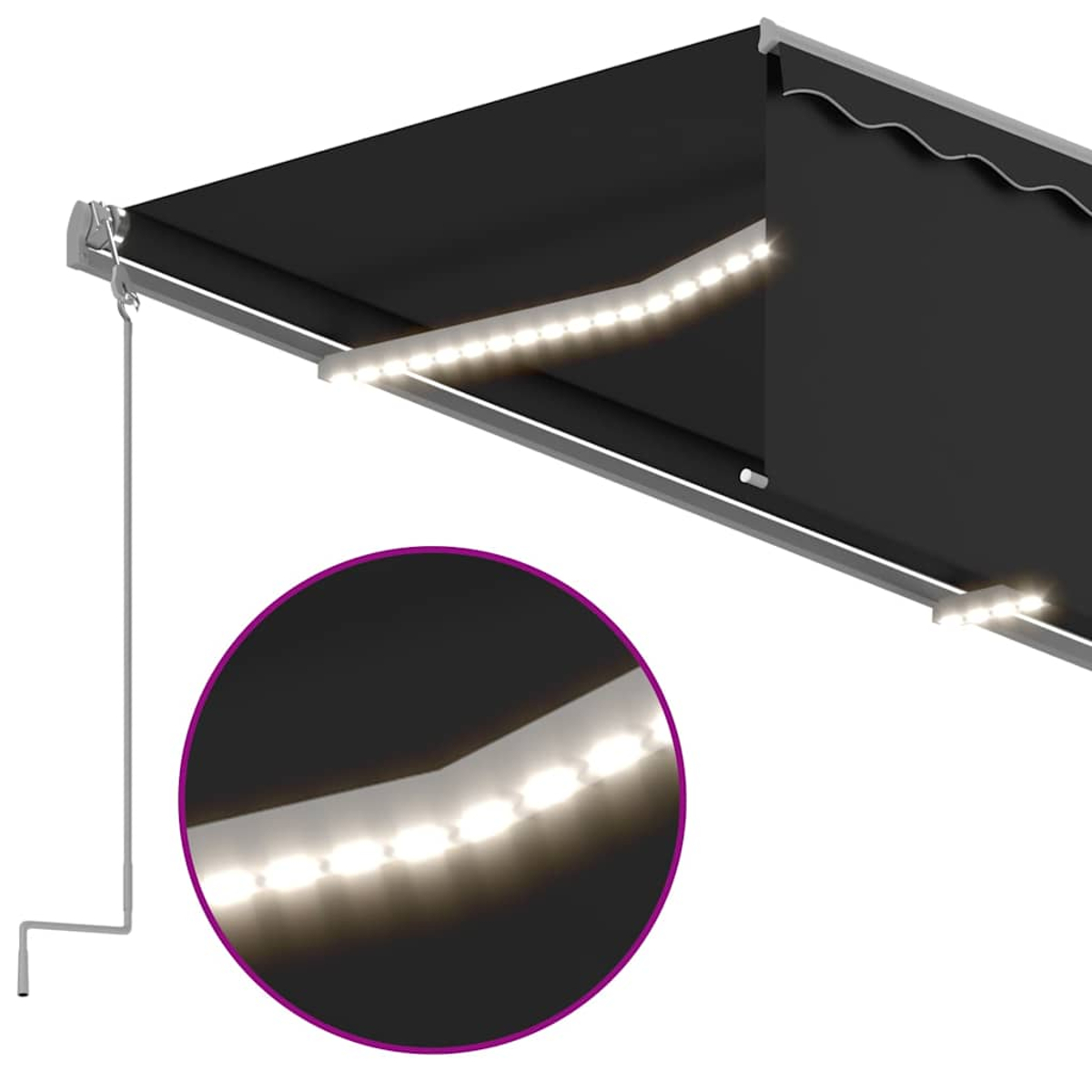 Schwarzes Sonnensegel mit LED-Beleuchtung und Kurbel.