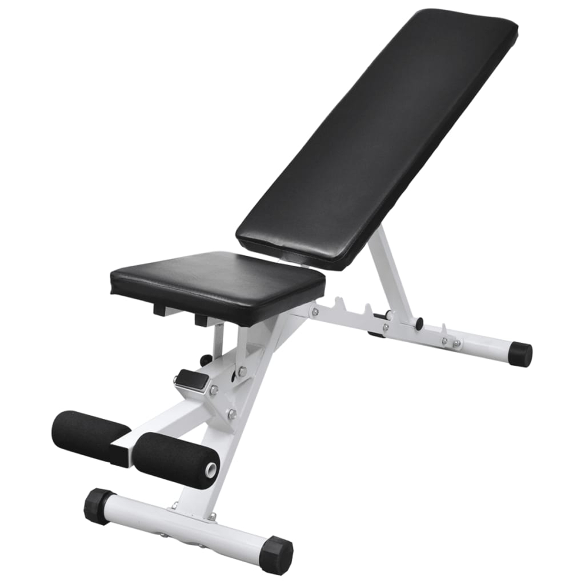 Ein verstellbares Fitnessstudio-Hantelbank mit schwarzem Polster und weißem Metallrahmen.