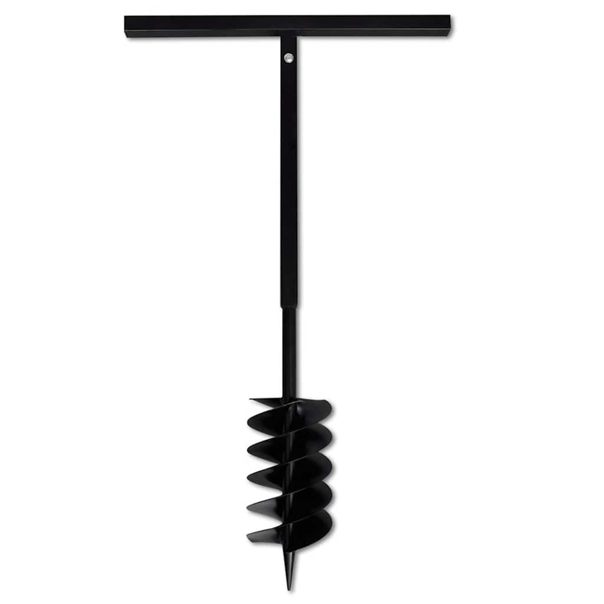 Ein schwarzes T-förmiges Werkzeug mit einer Spiralbohrspitze.