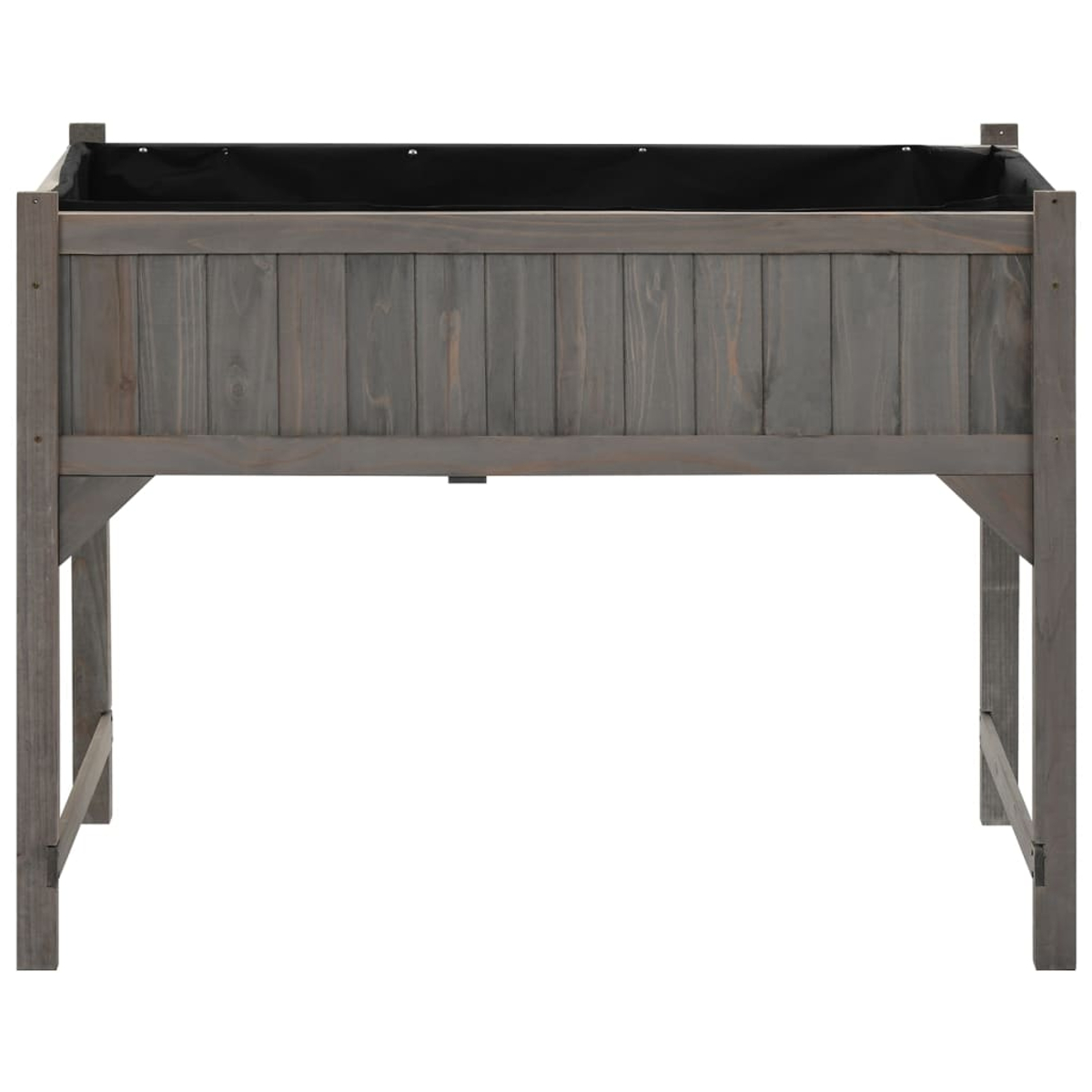 Grauer Hochbeet-Kasten aus Holz mit schwarzem Einsatz und vier Beinen.
