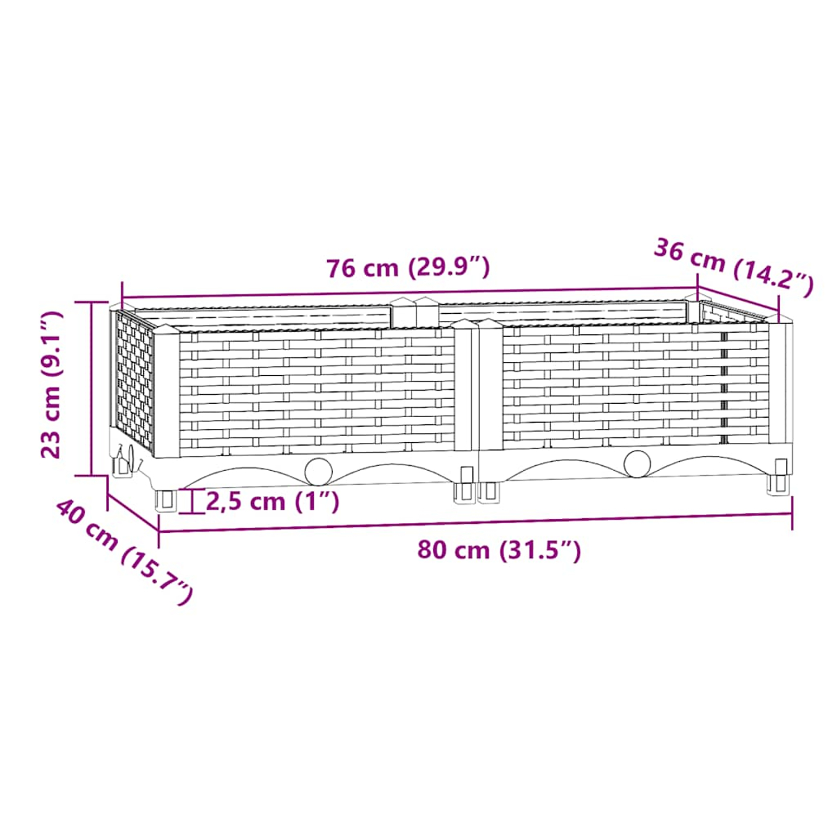 Ein rechteckiger Pflanzkasten mit Maßen: 80 cm L, 36 cm B, 23 cm H.