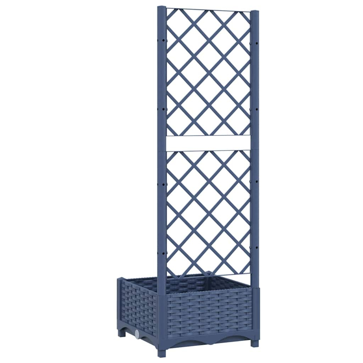 Una fioriera blu scuro con un alto traliccio di plastica.