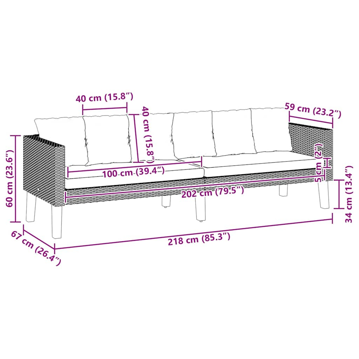 Geflochtener 3-Sitzer-Sofa-Grundriss mit Maßen in cm und Zoll.