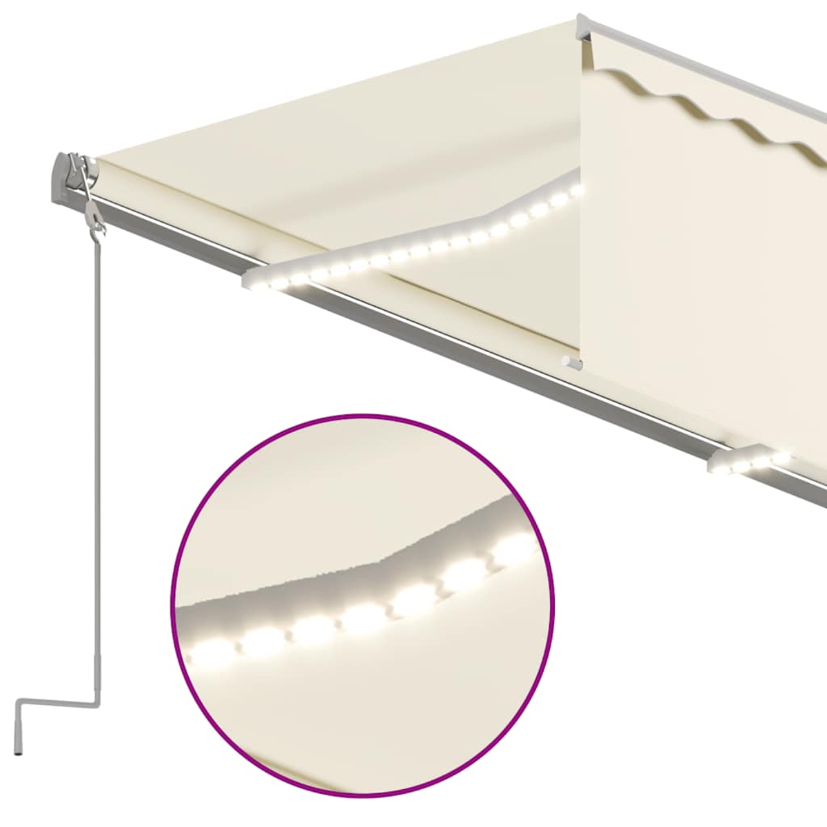 Beige Markise mit LED-Beleuchtung und Kurbel.