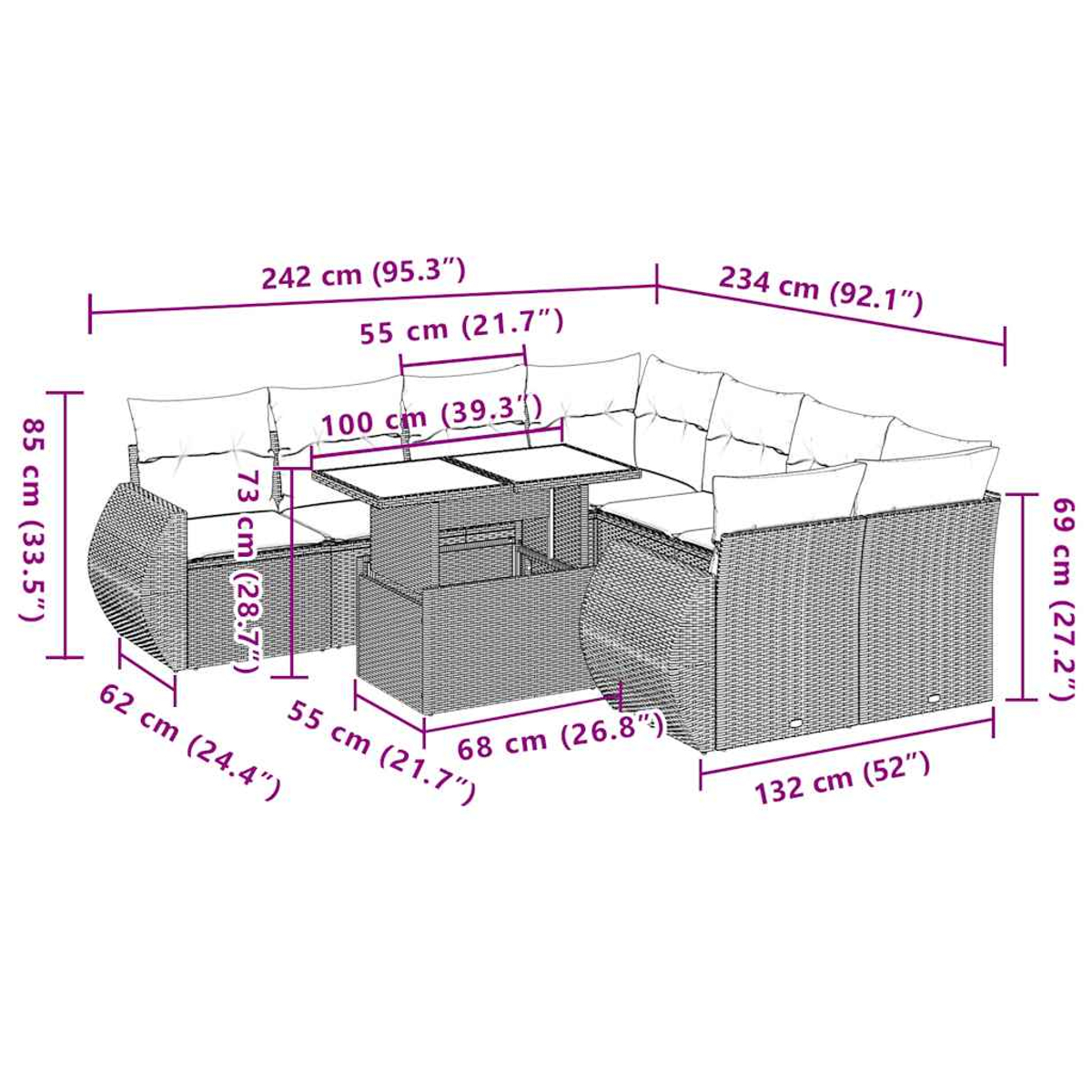 Ein modululares Rattansofa mit Tisch und Maßen.