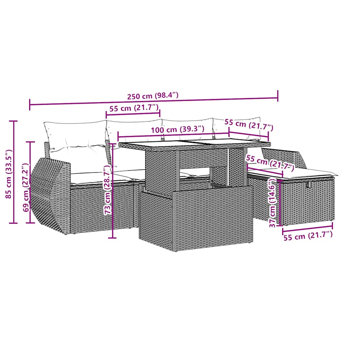 Geflecht-Sitzgruppe mit Tisch und Maßen: L 250cm, H 85cm, T 73cm.