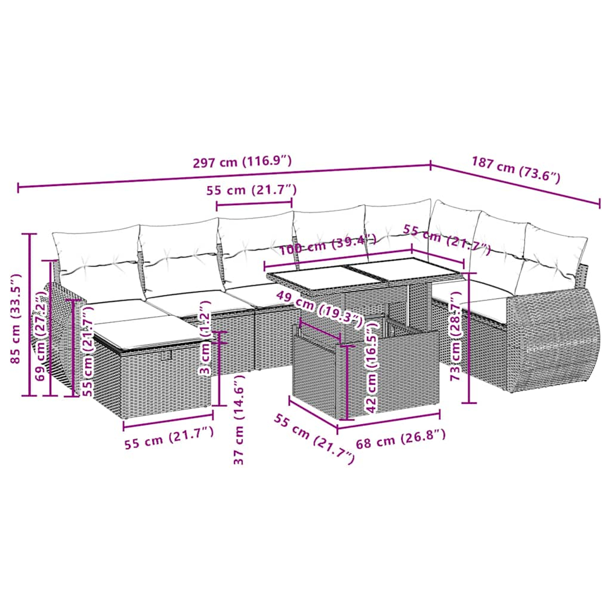 Geflochtenes Lounge-Set mit Tisch und Kissen, Maße sind angegeben.