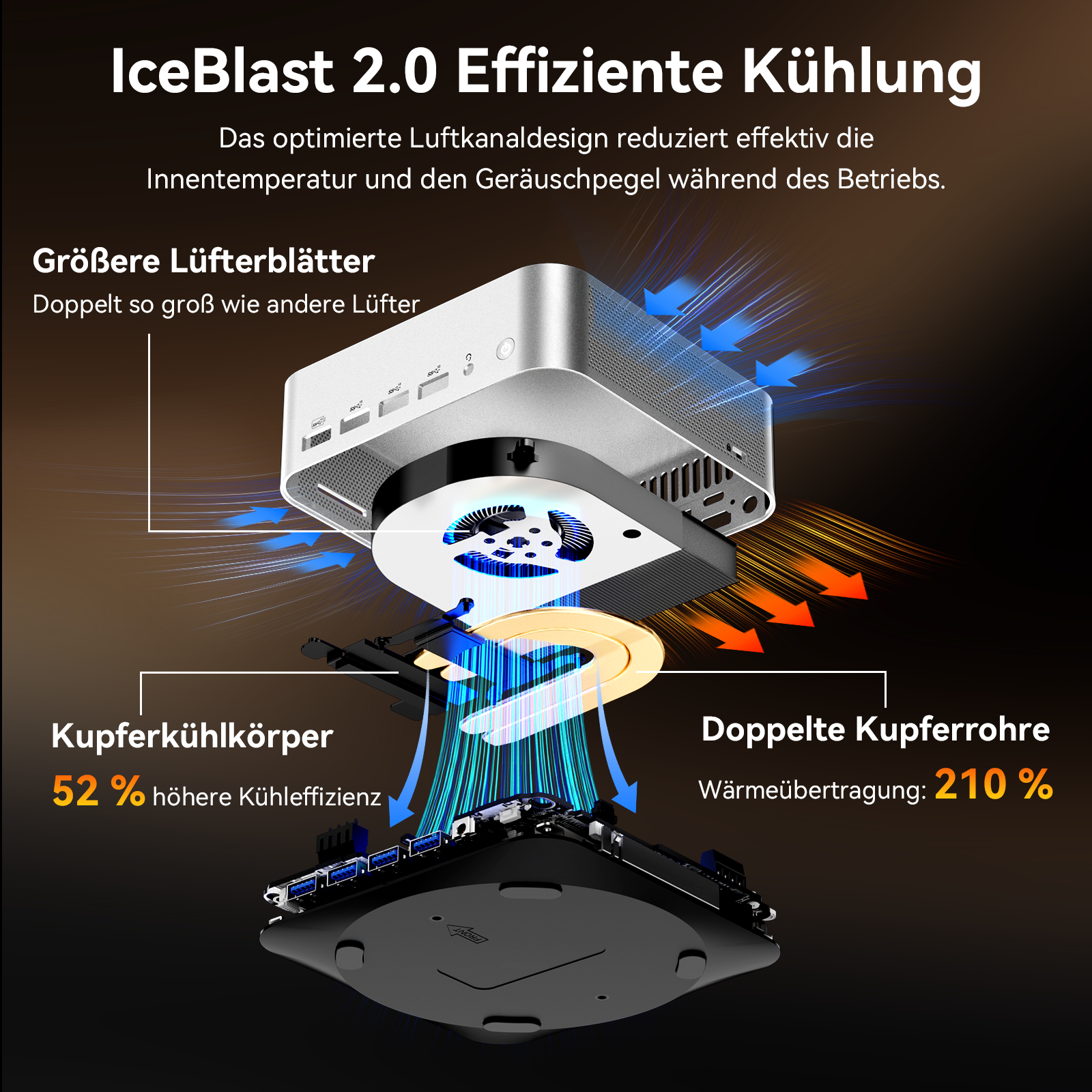Illustration zeigt ein Kühlsystem mit Lüfter, Kupferkühler und Rohren.