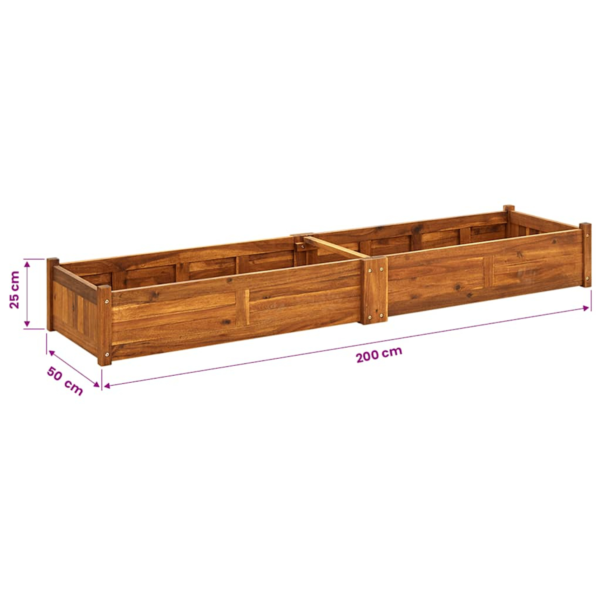 Ein langer, rechteckiger Hochbeet aus Holz, 200 cm lang, 50 cm breit, 25 cm hoch.