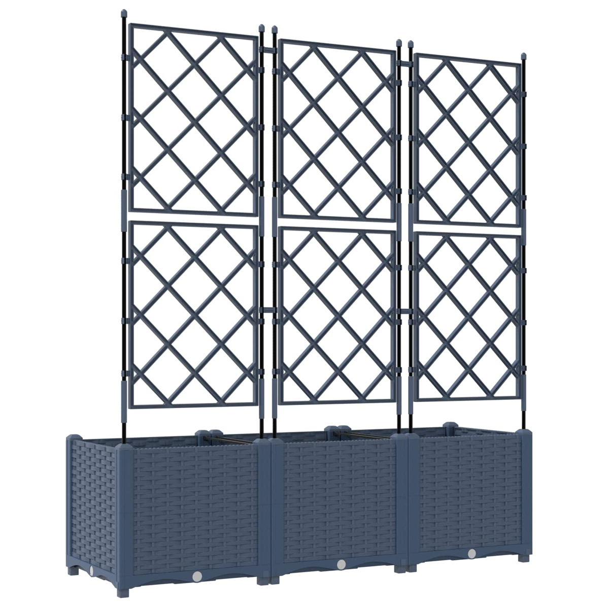 Tre fioriere rettangolari blu con top a traliccio, in stile rattan.