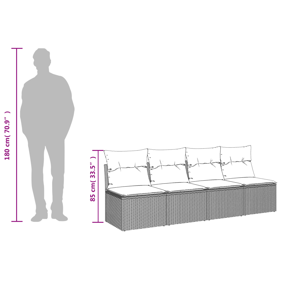 Graue Silhouette eines Mannes neben einem grauen Sofa mit weißen Kissen.