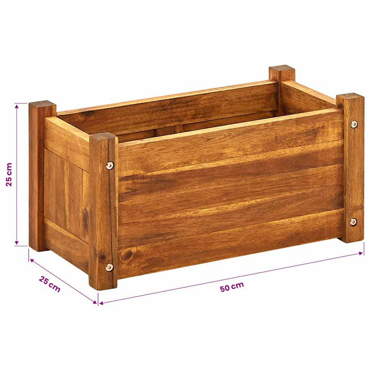 Ein hölzerner rechteckiger Pflanzkasten mit den Maßen 50x25x25 cm.