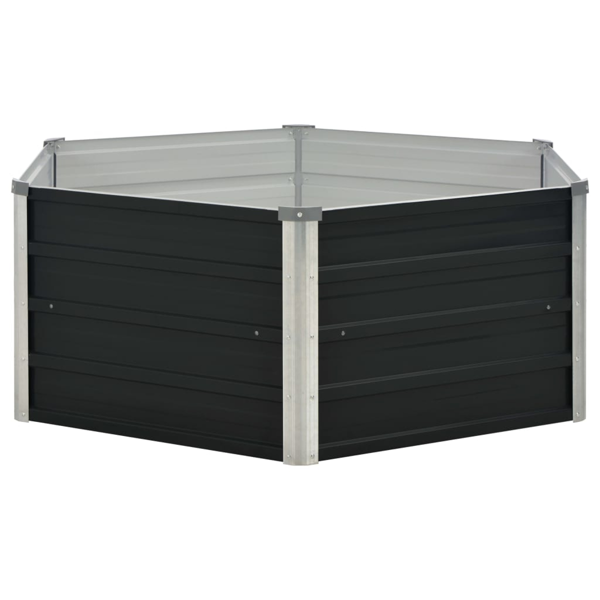 Sechseckiges Hochbeet mit schwarzen Metallseiten und silbernem Metallrahmen.