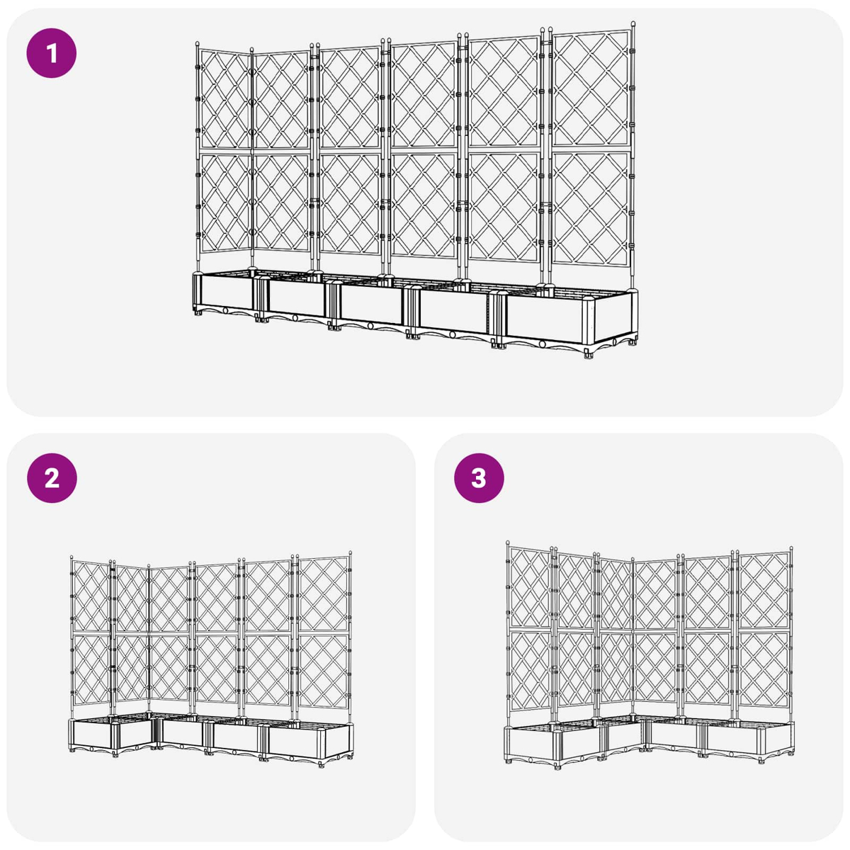 Diagrammi mostrano l'assemblaggio di fioriere modulari con tralicci in configurazioni dritte e angolari.