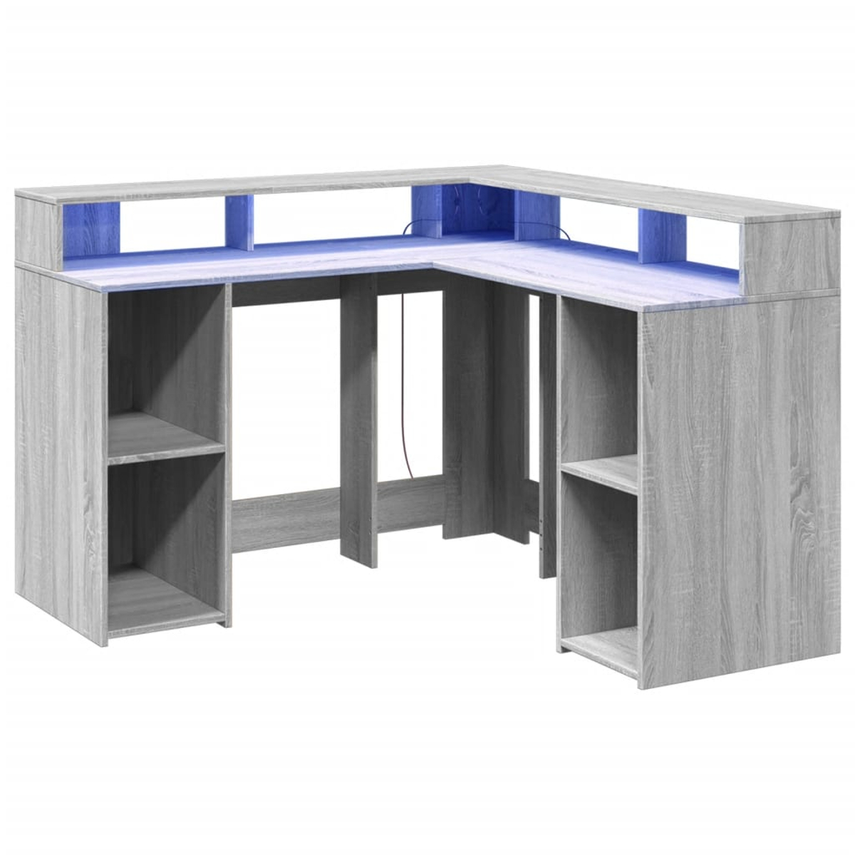 Eckschreibtisch aus Holzimitat mit offenen Regalen und blauer Beleuchtung.