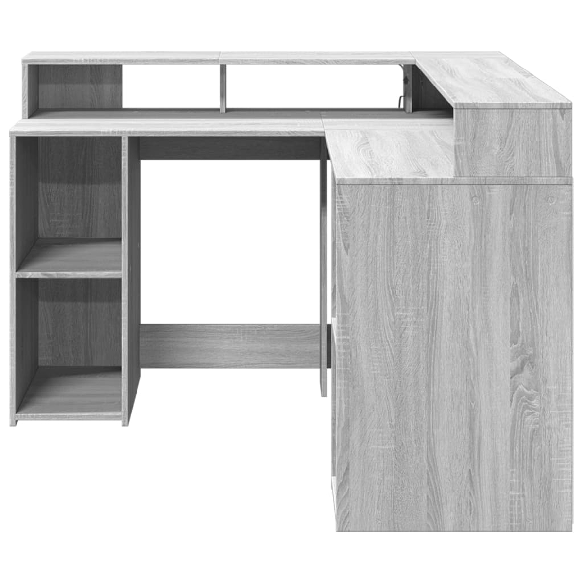 Grauer Eckschreibtisch mit Regalen und Arbeitsfläche.
