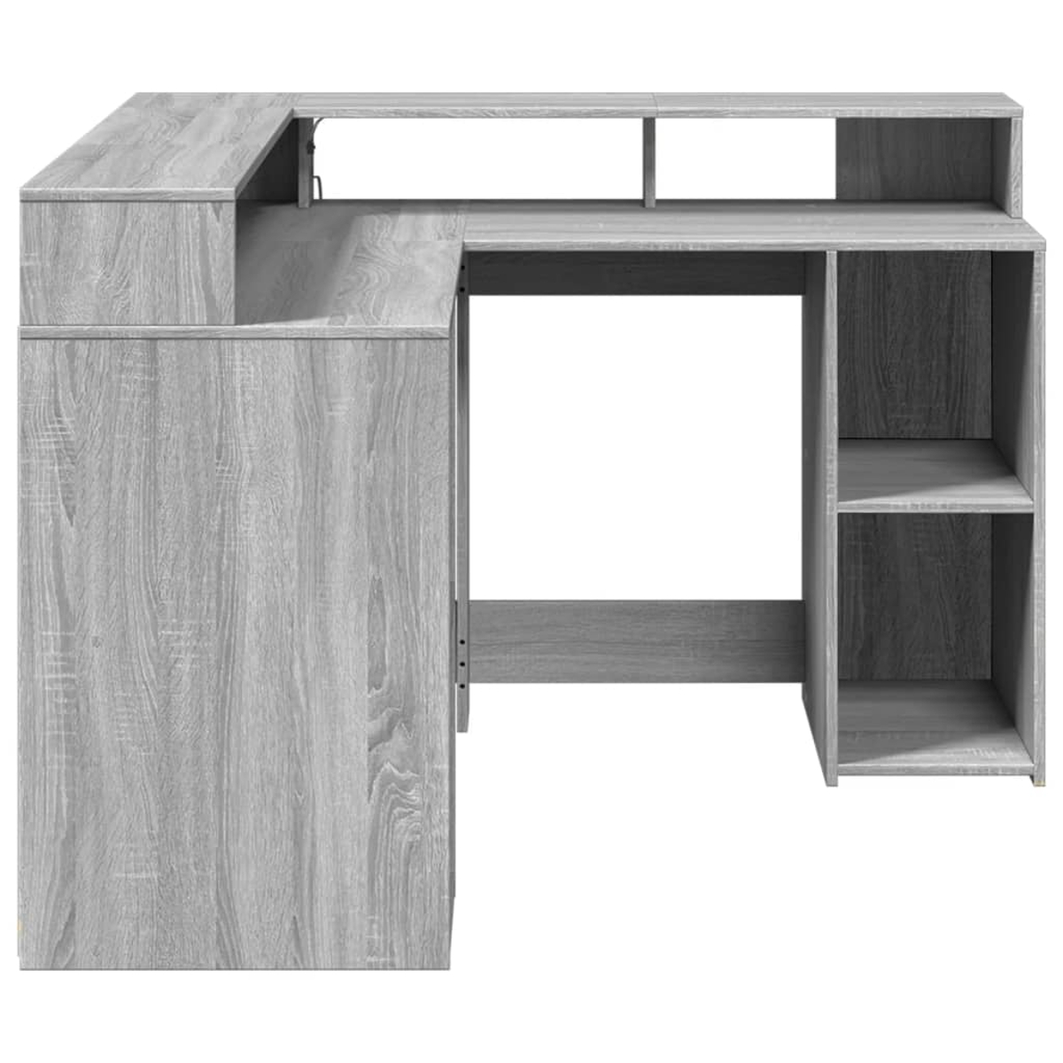Grauer Schreibtisch mit Holzmaserung, L-Form, mit Regalen und Ablagefächern.