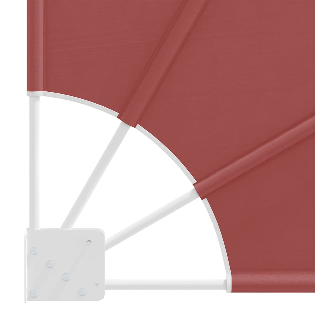 Roter Stoffschirm mit weißem Metallgestell, Nahaufnahme.
