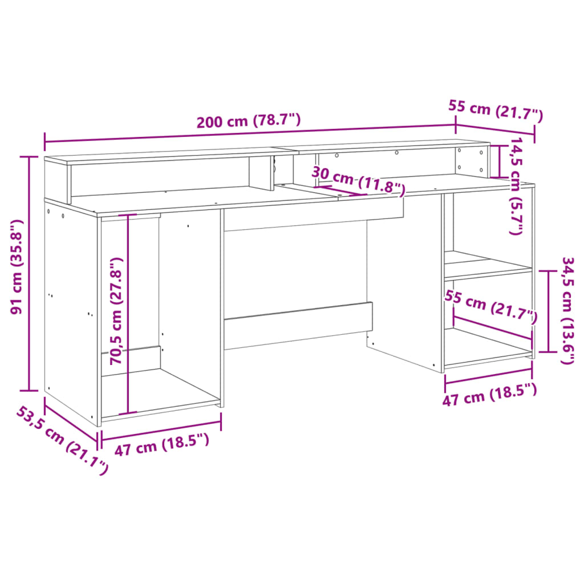 Ein weißer Schreibtisch mit Maßen und Fächern. 200 cm breit.