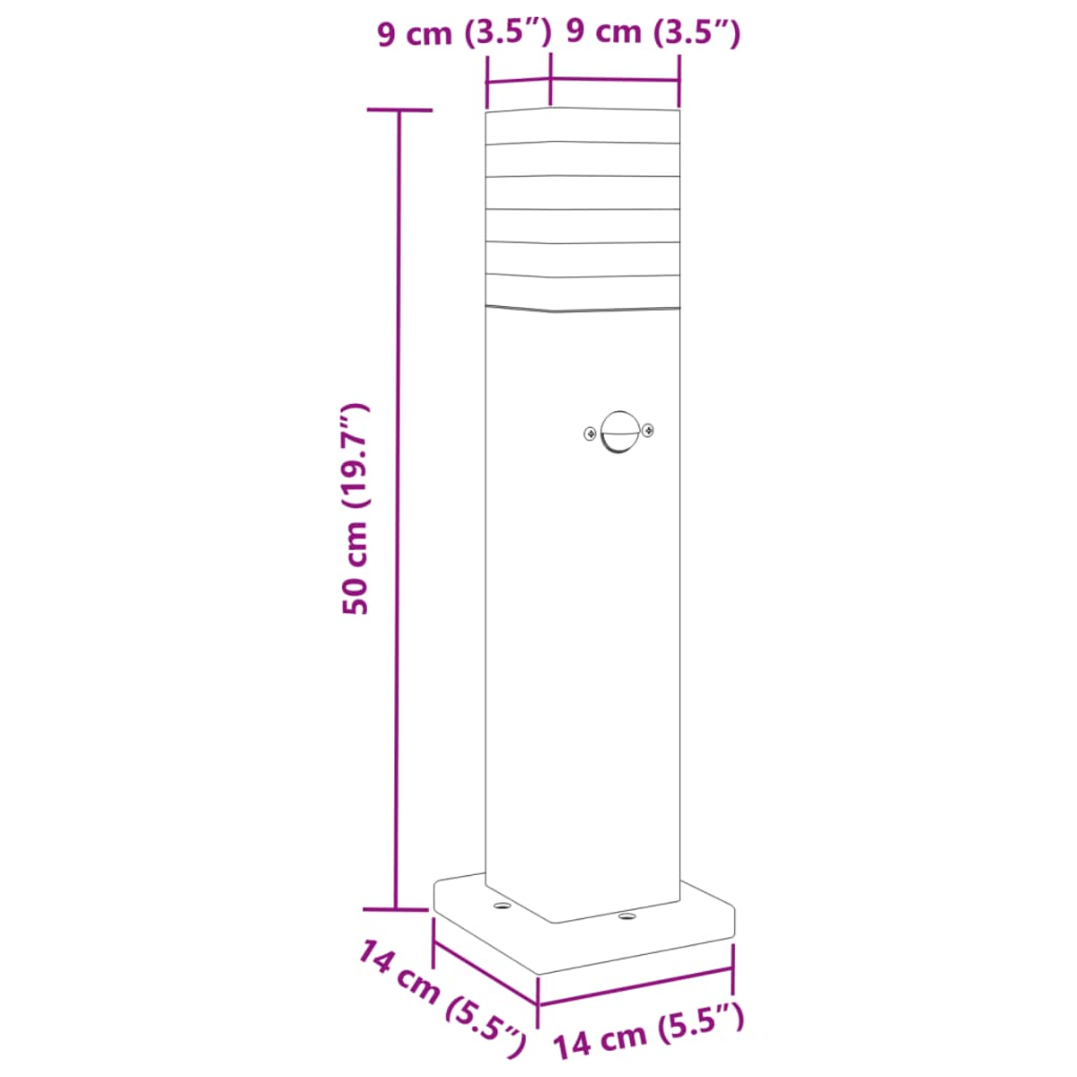 Diagramm einer hohen, rechteckigen Außenlampe mit Maßen.