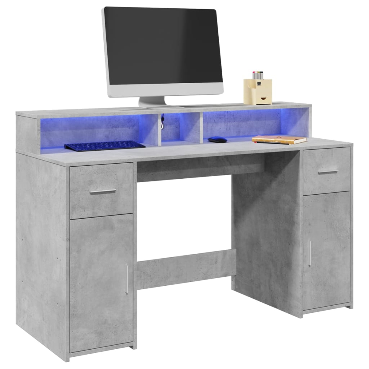 Moderner Schreibtisch mit Betonoptik, beleuchtet, mit Monitor, Tastatur und Maus.