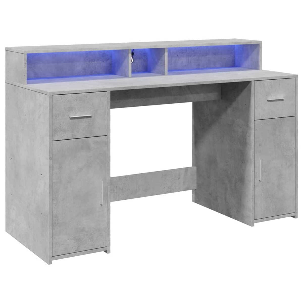 Grauer Schreibtisch mit Schubladen, Türen und blauer LED-Beleuchtung.