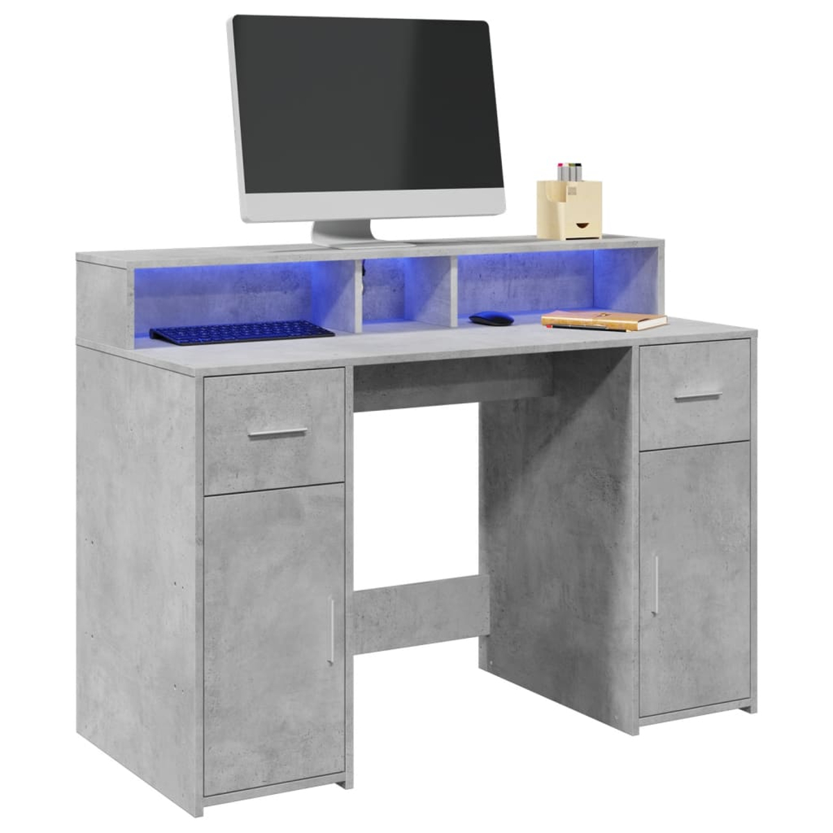 Moderner Schreibtisch in Betonoptik mit blau beleuchtetem Fach, Tastatur, Maus und Monitor.