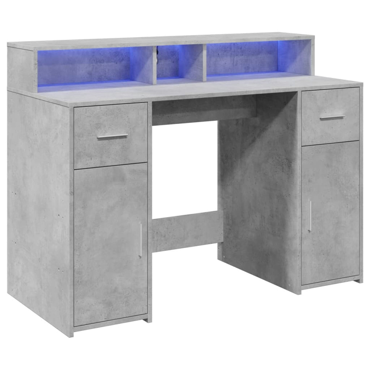 Moderner Schreibtisch in Betonoptik mit blau beleuchtetem Regal über der Arbeitsfläche.
