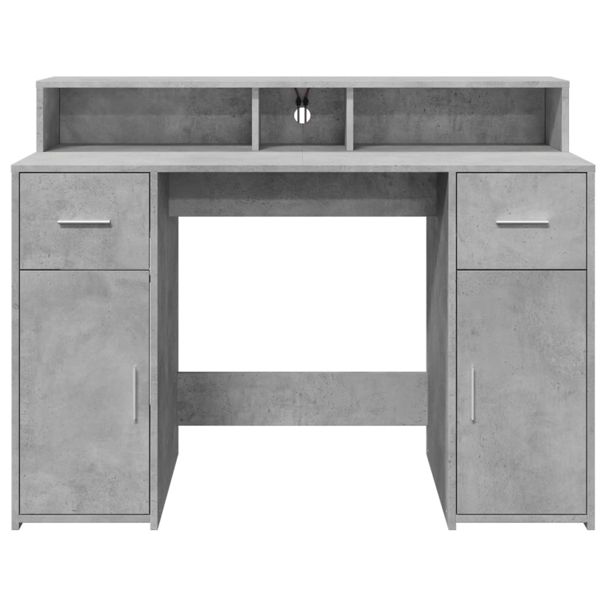 Grauer Schreibtisch mit Schubladen, Türen und Ablagen, Betonoptik.