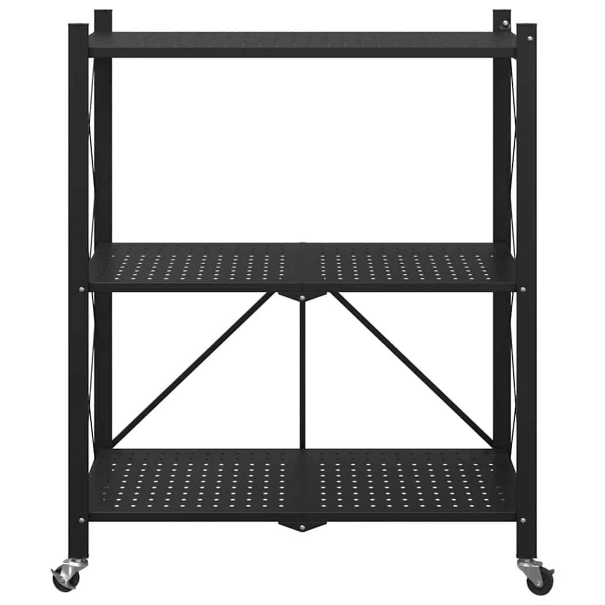 Ein schwarzes, dreistöckiges Regal aus Metall mit Rädern.