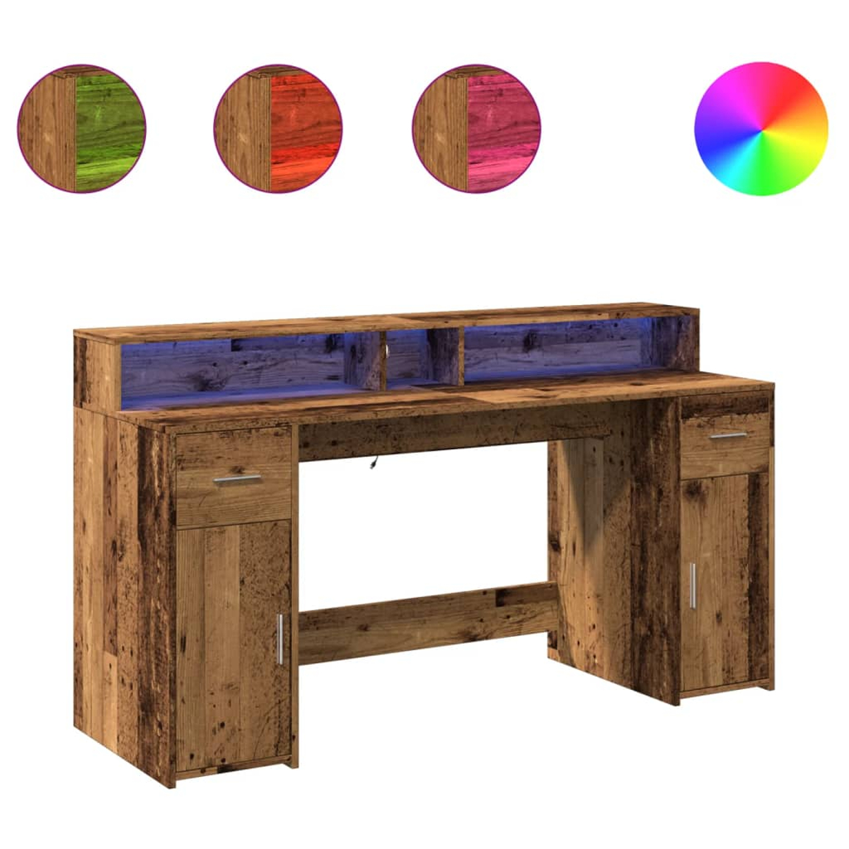 Holzschreibtisch mit blau beleuchteten Fächern und Farboptionen.