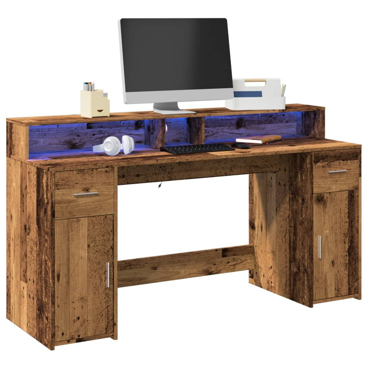 Ein rustikaler Schreibtisch mit blauem Licht, Monitor, Tastatur und Kopfhörern.